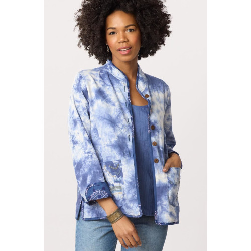Anandi Reversible Band Collar Jacket - Tranquil Blue/Shibori