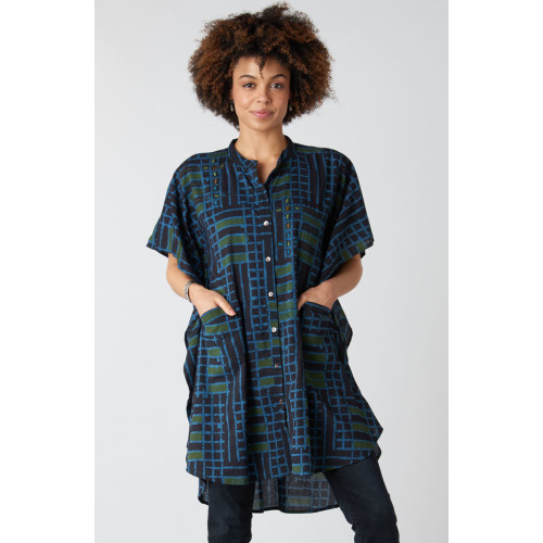 Anika Band Collar Kaftan Shirt - Charcoal/Multi