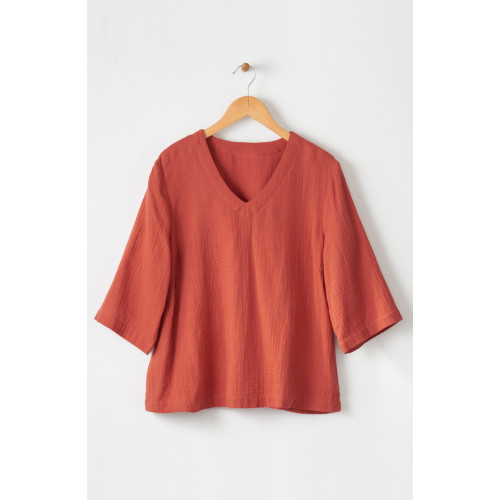 Kochi Double Gauze V-neck Top - Fire red