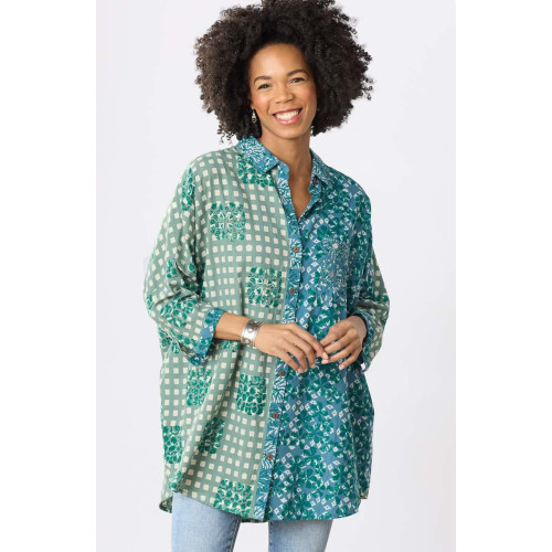 Mandvi Button-Down Oversized Shirt - Dusty teal/Multi