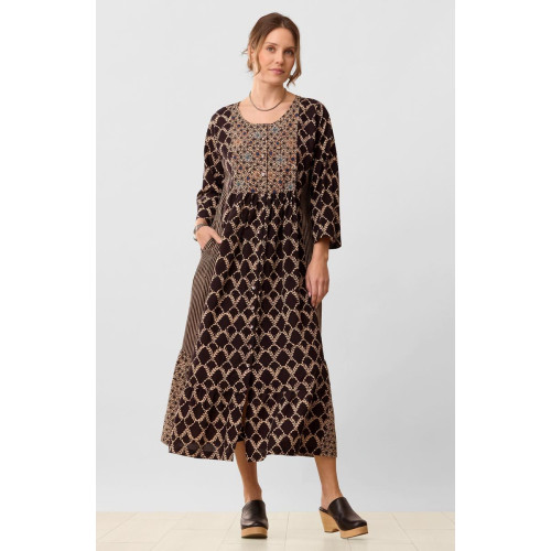 Avika Bracelet-Sleeves Buttondown Long Dress - Black/Natural