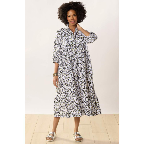 Kashmira Organic Cotton Button-Front Maxi Shirt Dress - White/Black