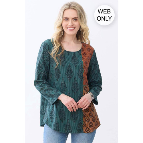 Divya Long-Sleeve Popover Top - Dusty teal/Multi