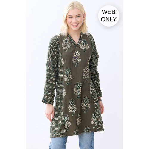 Sanika Long-Sleeve V-Neck Kurta - Fossil/Multi